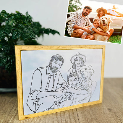 Customized Photo Light Painting with Wooden Frame - Handmade Drawing Minimalist Line Art Picture