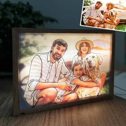 Customized Photo Light Painting with Wooden Frame - Handmade Drawing Minimalist Line Art Picture