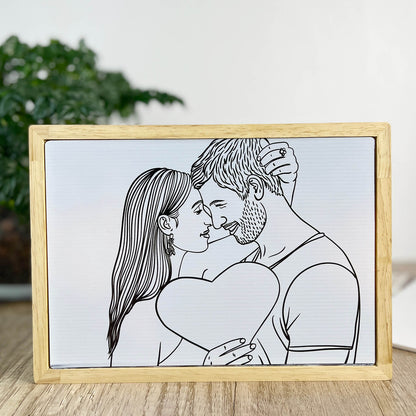 Customized Photo Light Painting with Wooden Frame - Handmade Drawing Minimalist Line Art Picture