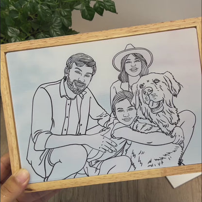 Customized Photo Light Painting with Wooden Frame - Handmade Drawing Minimalist Line Art Picture